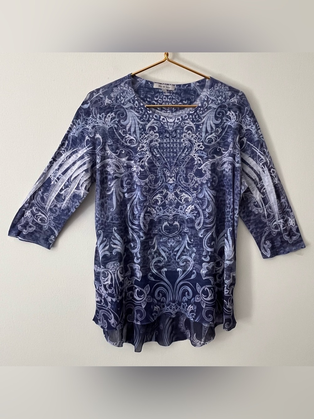 Jess & Jane Purple White Abstract Burnout Embellished Tunic Sheer Hem Artsy L